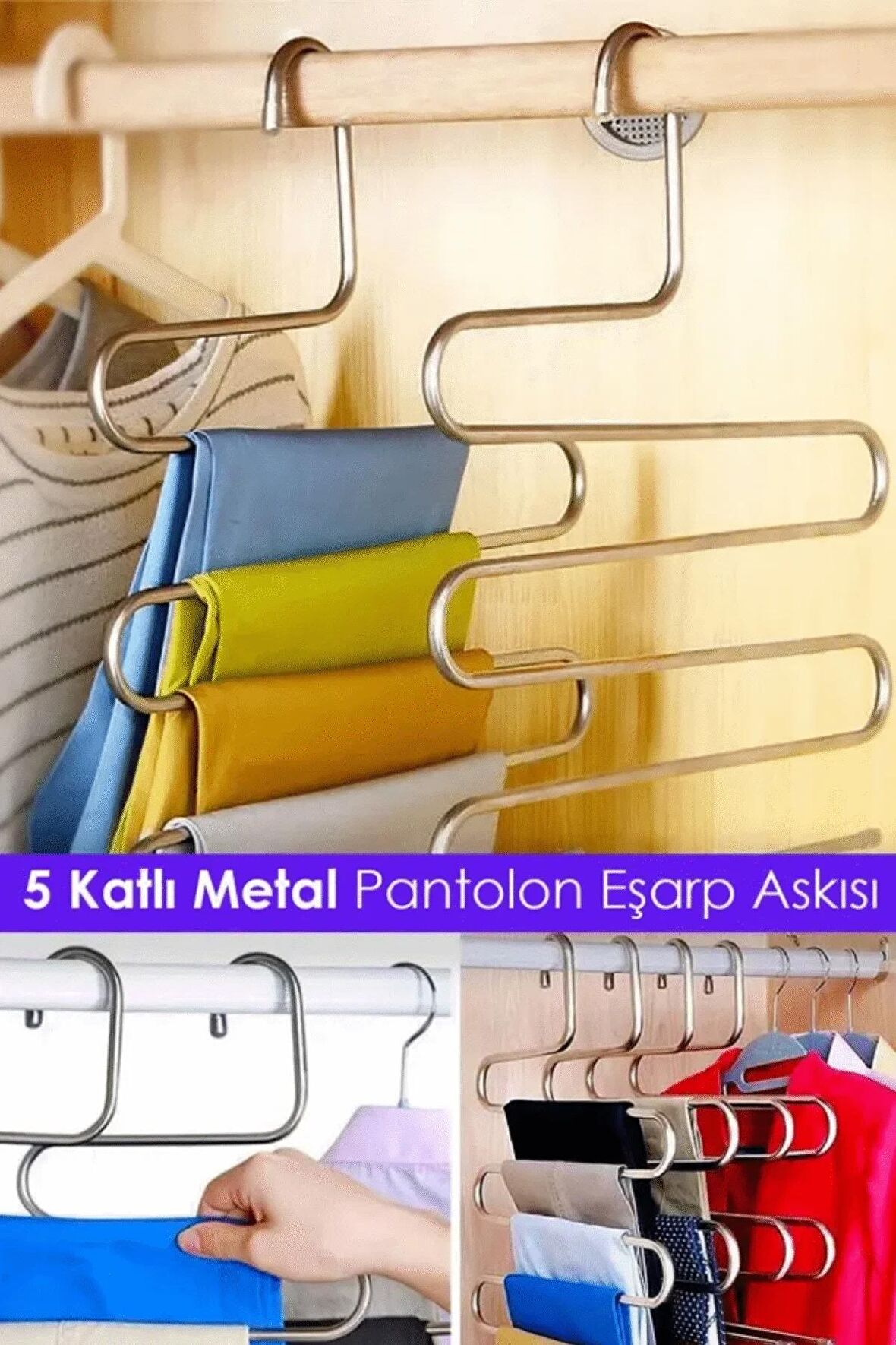 Pratik Akıllı Krom Pantolon Eşarp Askısı 5 Katlı (1 Adet) Askı Dolap Içi Metal 5 Kat Katlı Gardırop