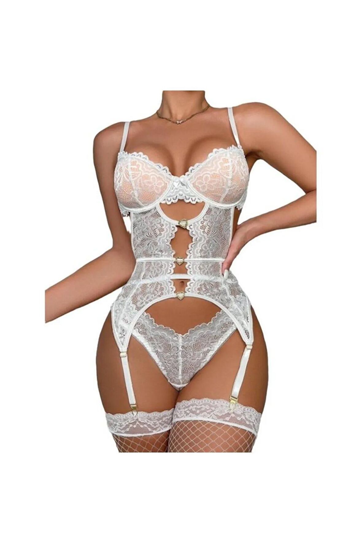 Gelinlik Babydoll Takım - Dantel Kalp Detaylı Fantezi Jartiyer Takım