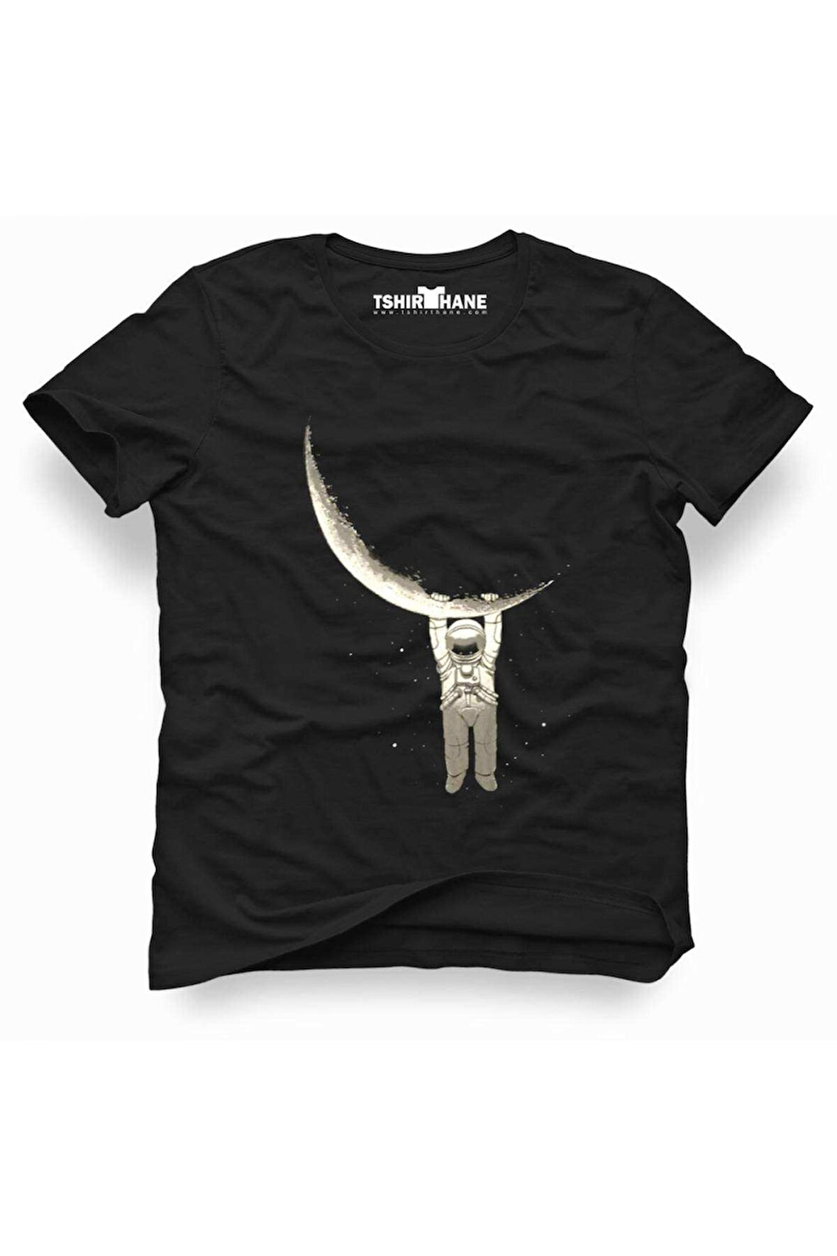 Ayda Tutunan Astronot Erkek Baskılı Siyah Tshirt