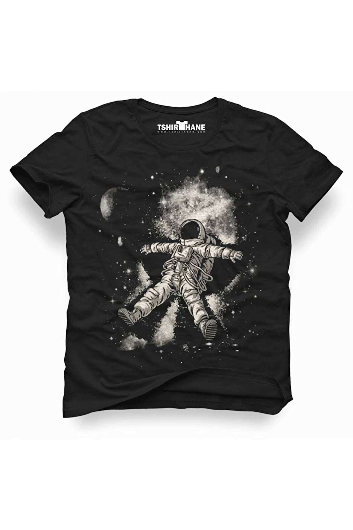 Keyifli Astronot Erkek Baskılı Siyah Tshirt