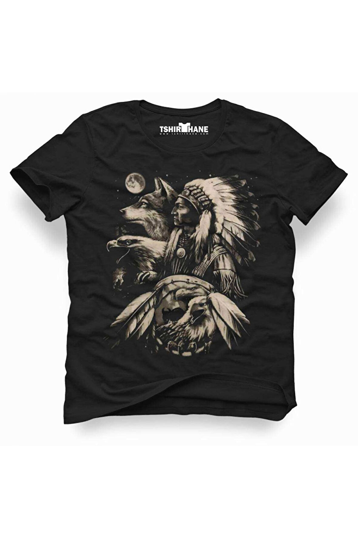 Kızılderili Kurt Erkek Baskılı Siyah Tshirt