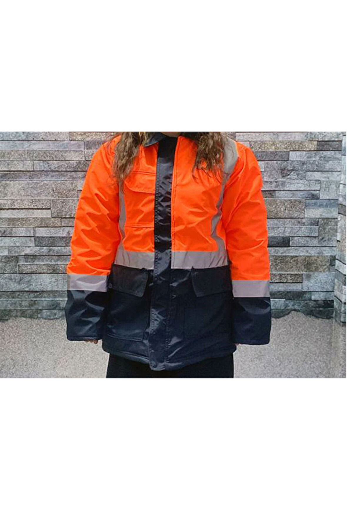 Reflektörlü Su Geçirmez Oxford Parka Kışlık Mont Turuncu-Lacivert İş Montu Mühendis Montu