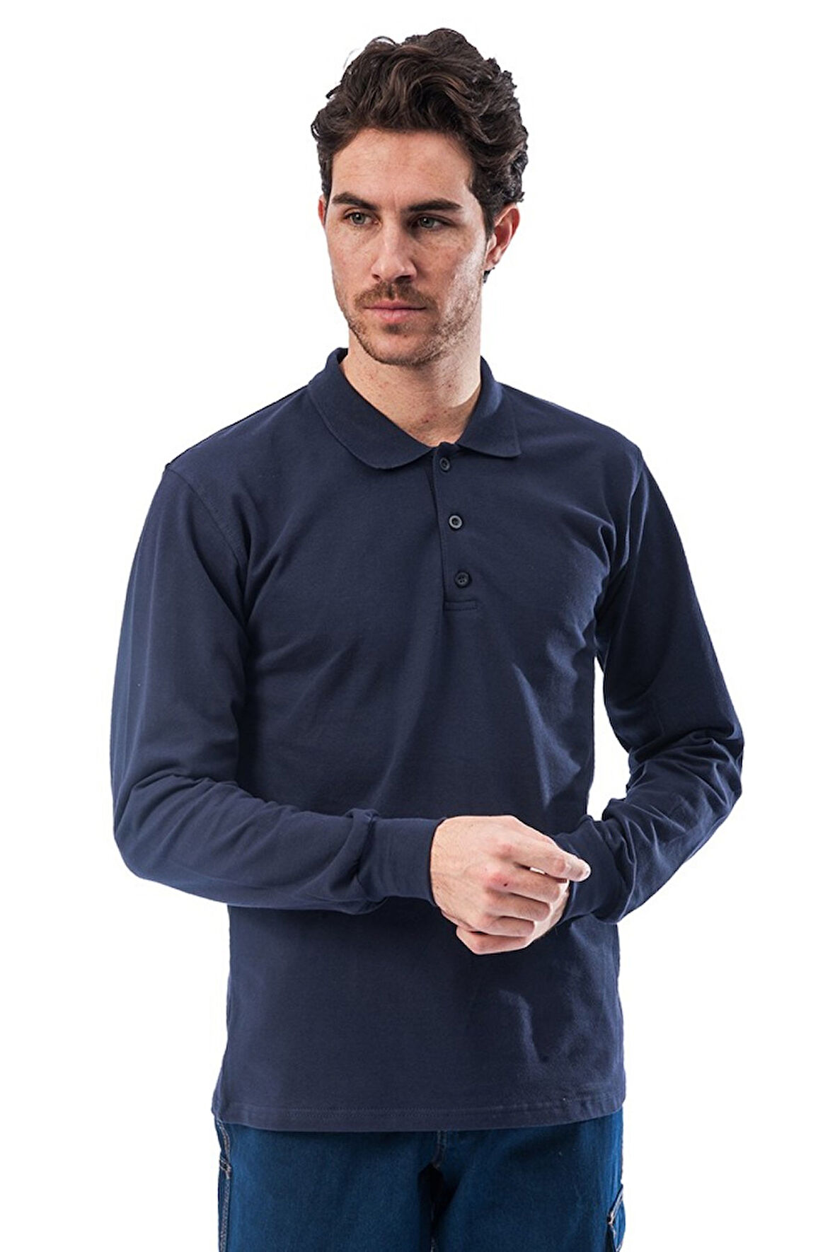 Polo Yaka Lacivert Uzun Kollu Sweatshirt Pike Örme Iş Tişörtü