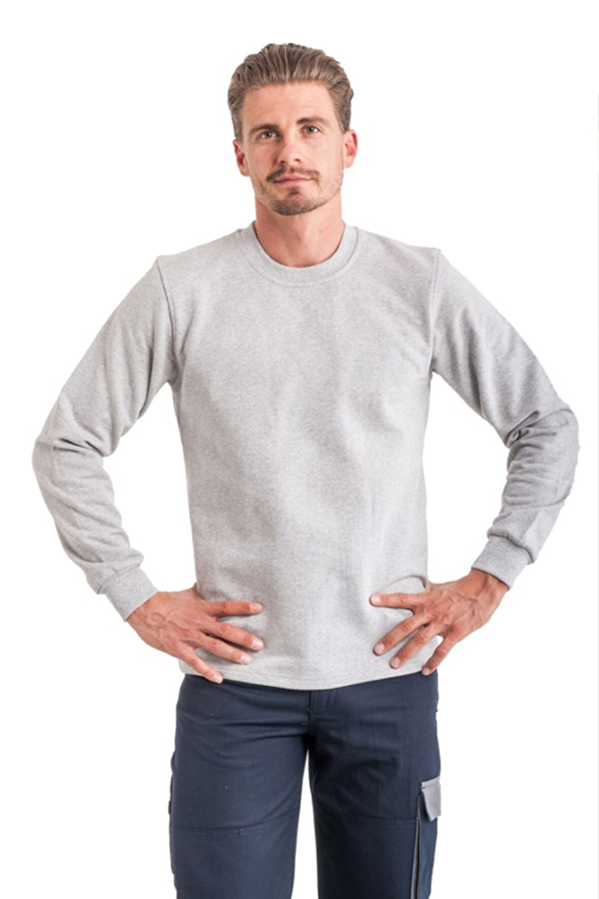 Bisiklet Yaka Gri Uzun Kollu Sweatshirt Pike Örme Iş Tişörtü