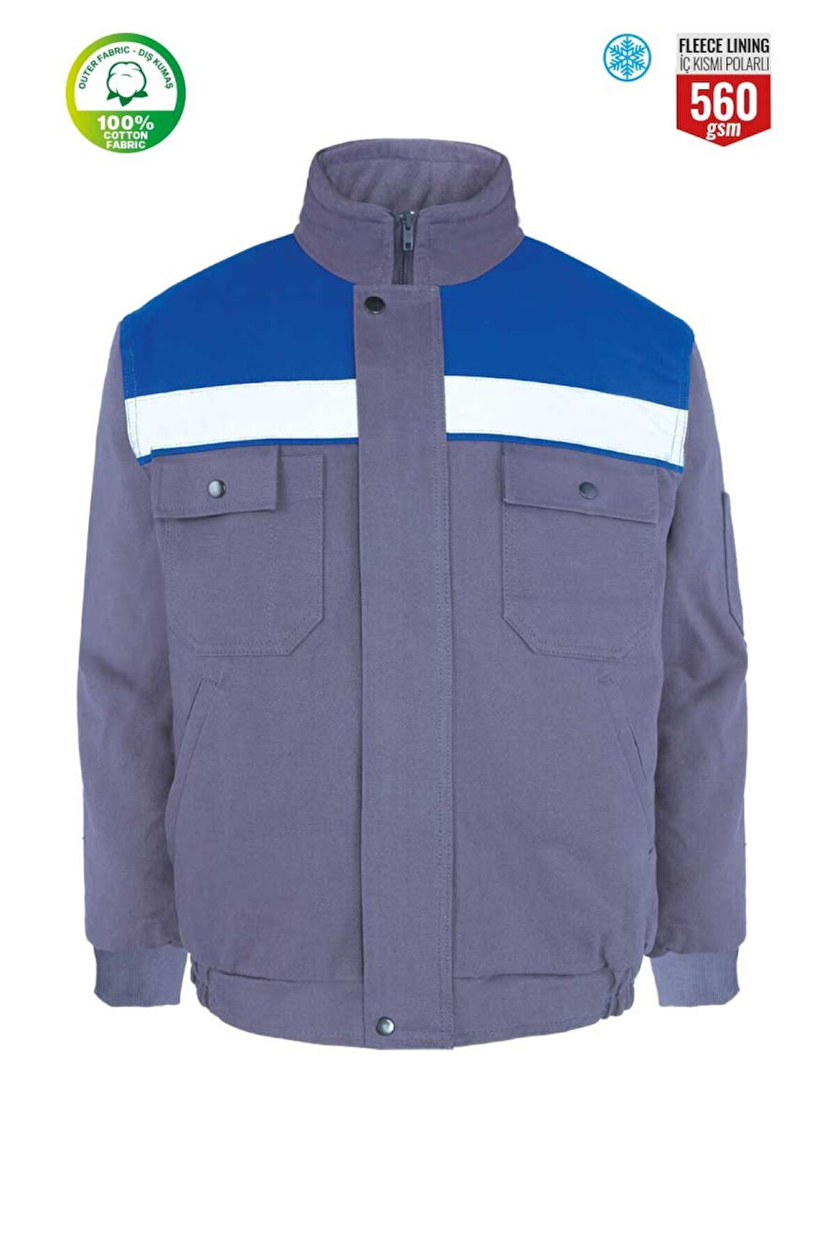 Robalı Gri Saks Mavi Reflektörlü İçi Kapitoneli Kışlık İş Montu