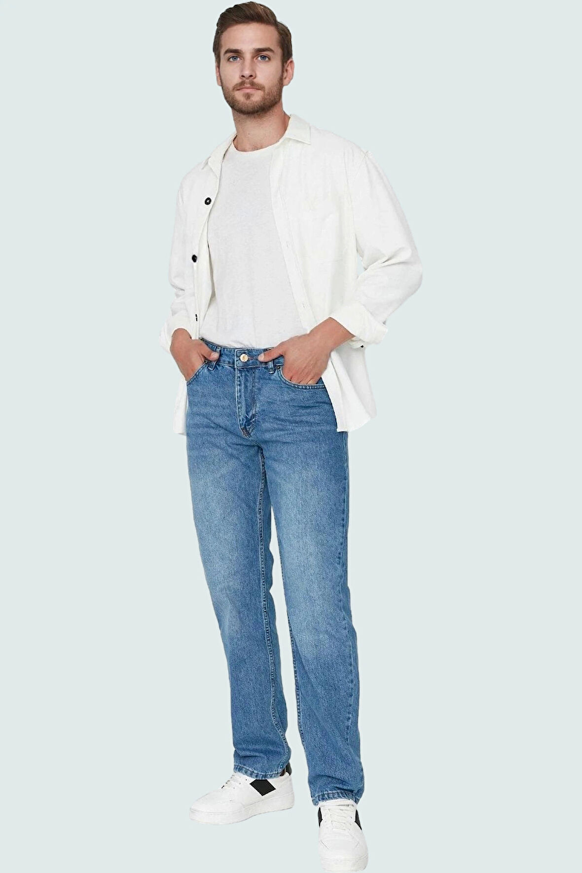 Erkek Klasik Denim Pantolon Pamuk Boru Paça Günlük Şıklık Hafta Sonu Yaz Aylarının Vazgeçilmezi