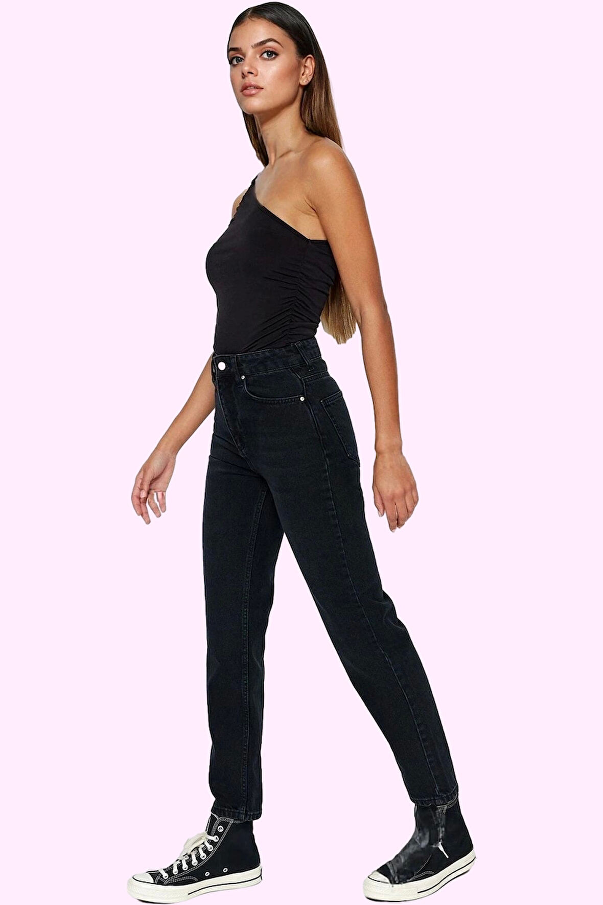 Kadın Denim Mom Jean Pantolon Yüksek Bel Geniş Paça Pamuk Günlük Kullanım Kaliteli Malzeme