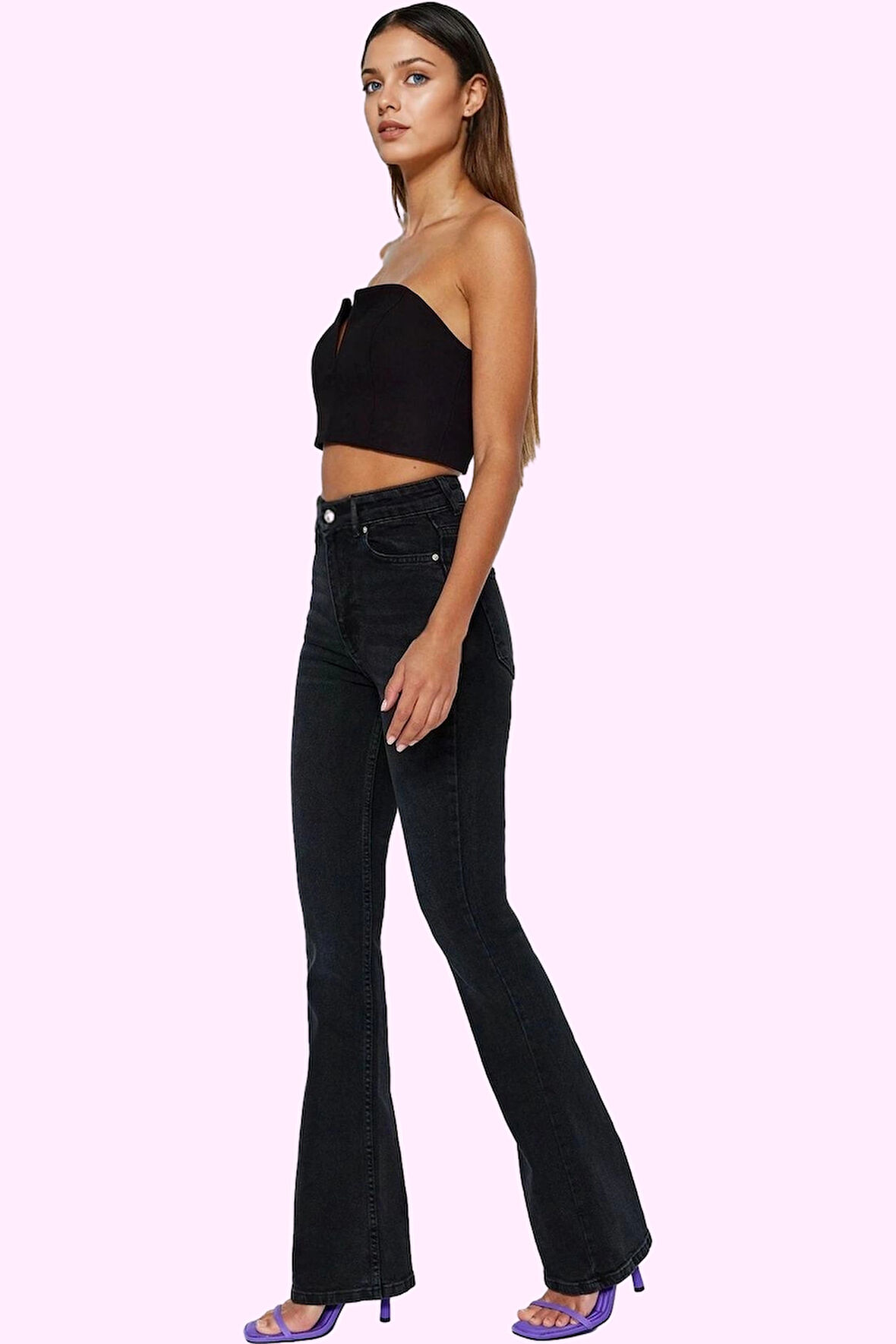 Kadın Denim Flare Jean Yüksek Bel İspanyol Paça Günlük Hafta Sonu Yaz Aylarının Vazgeçilmezi