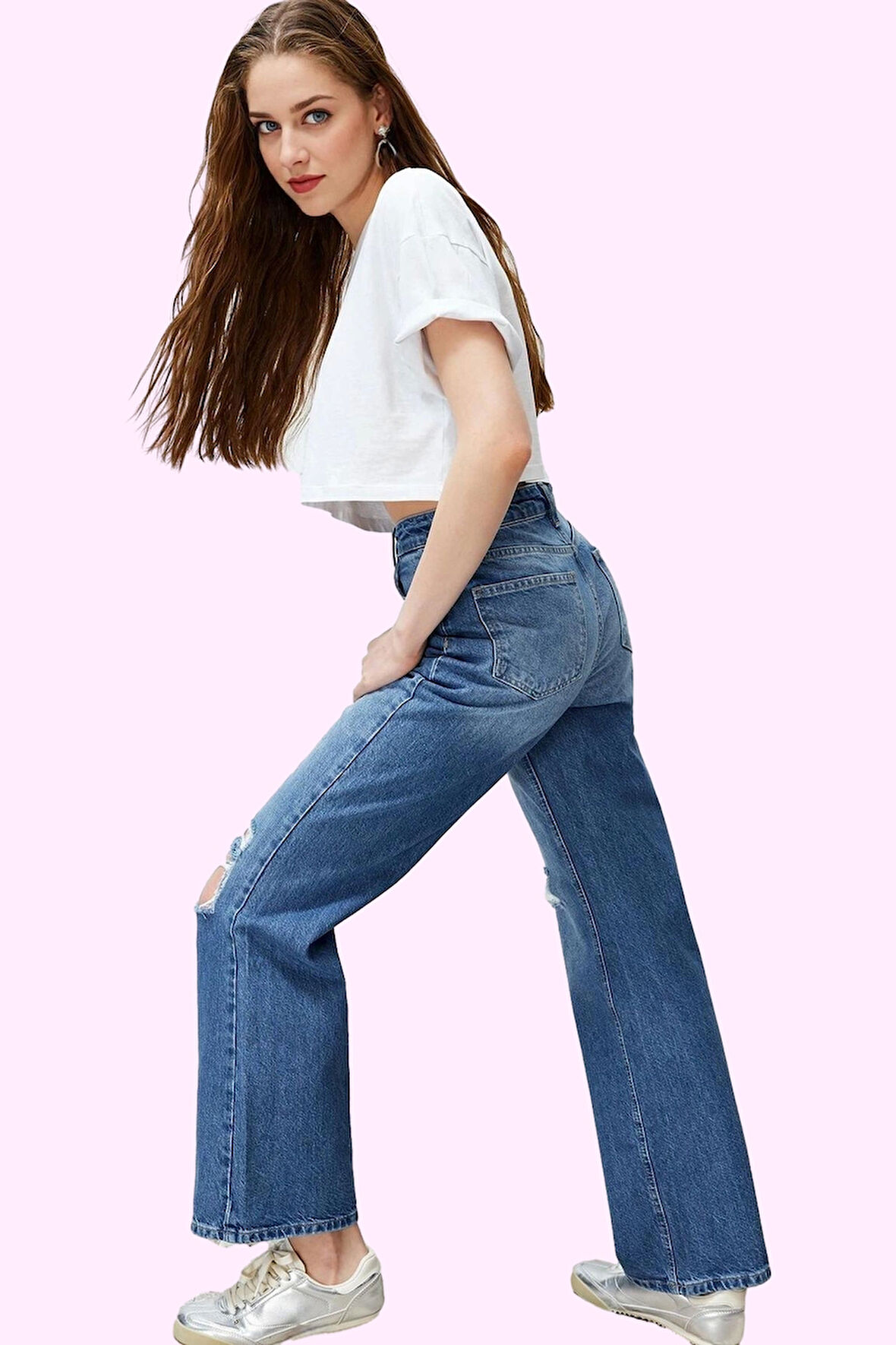 Kadın Denim Yüksek Bel Wide Leg Kot Pantolon Pamuk Günlük Kullanım Yaz Aylarının Vazgeçilmezi