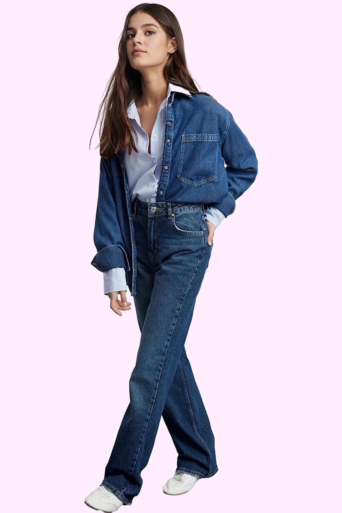 Kadın Denim Jean Pantolon Pamuk Yüksek Bel Geniş Paça Rigid Dokuma Günlük Ve Şık Hafta Sonu