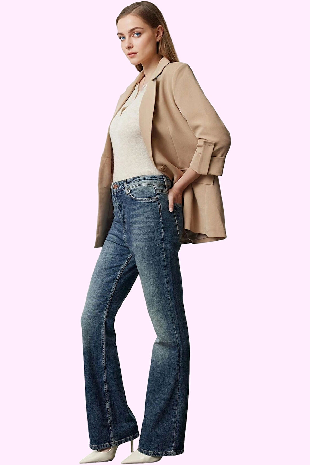 Kadın Jean Pantolon Yüksek Bel İspanyol Paça Flare Cool Comfort Günlük Yaz Aylarının Vazgeçilmezi