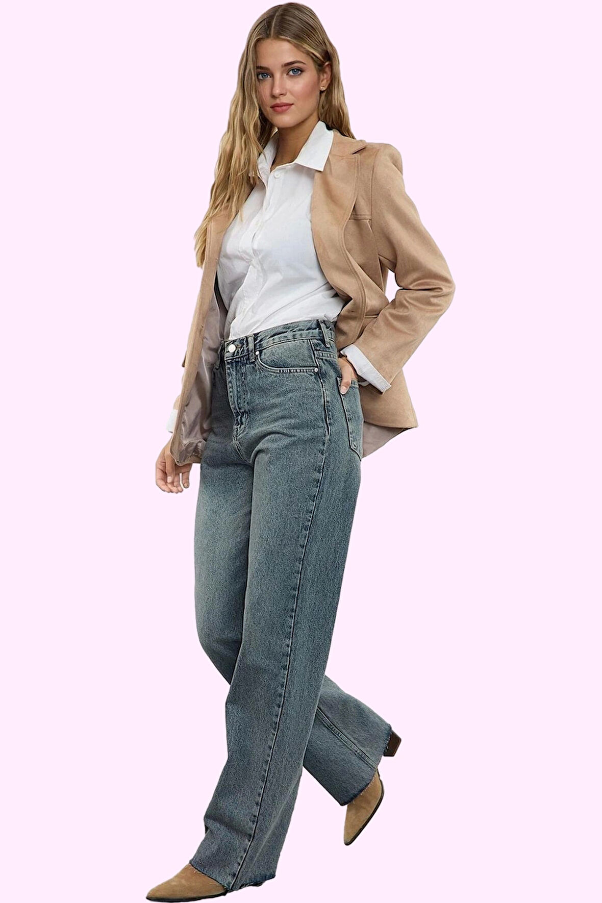 Kadın Geniş Paça Denim Pantolon Pamuk Rigid Dokuma Günlük Stil Hafta Sonu Kaliteli Malzeme