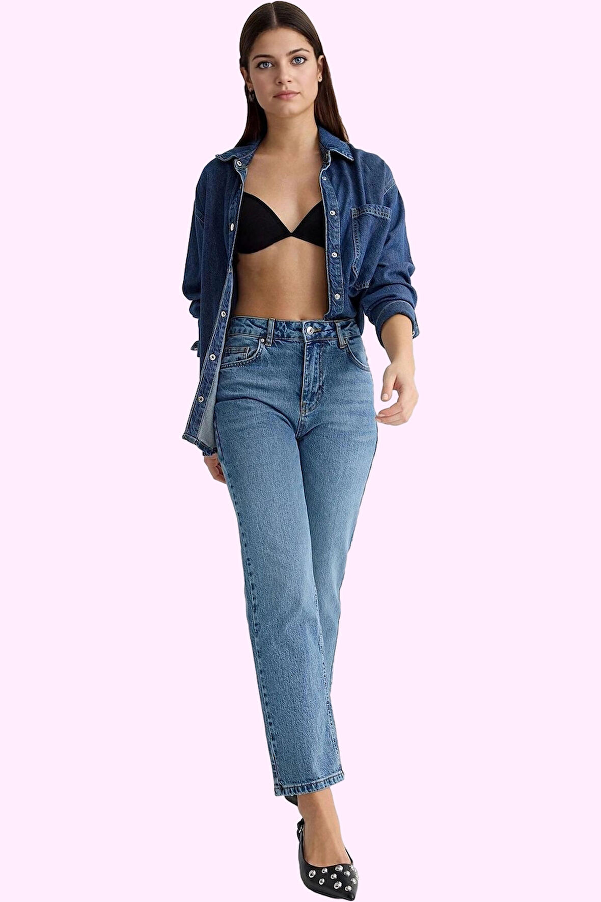 Kadın Denim Jean Pantolon Düz Desen Yüksek Bel Günlük Kombin Hafta Sonu Yaz Aylarının Vazgeçilmezi