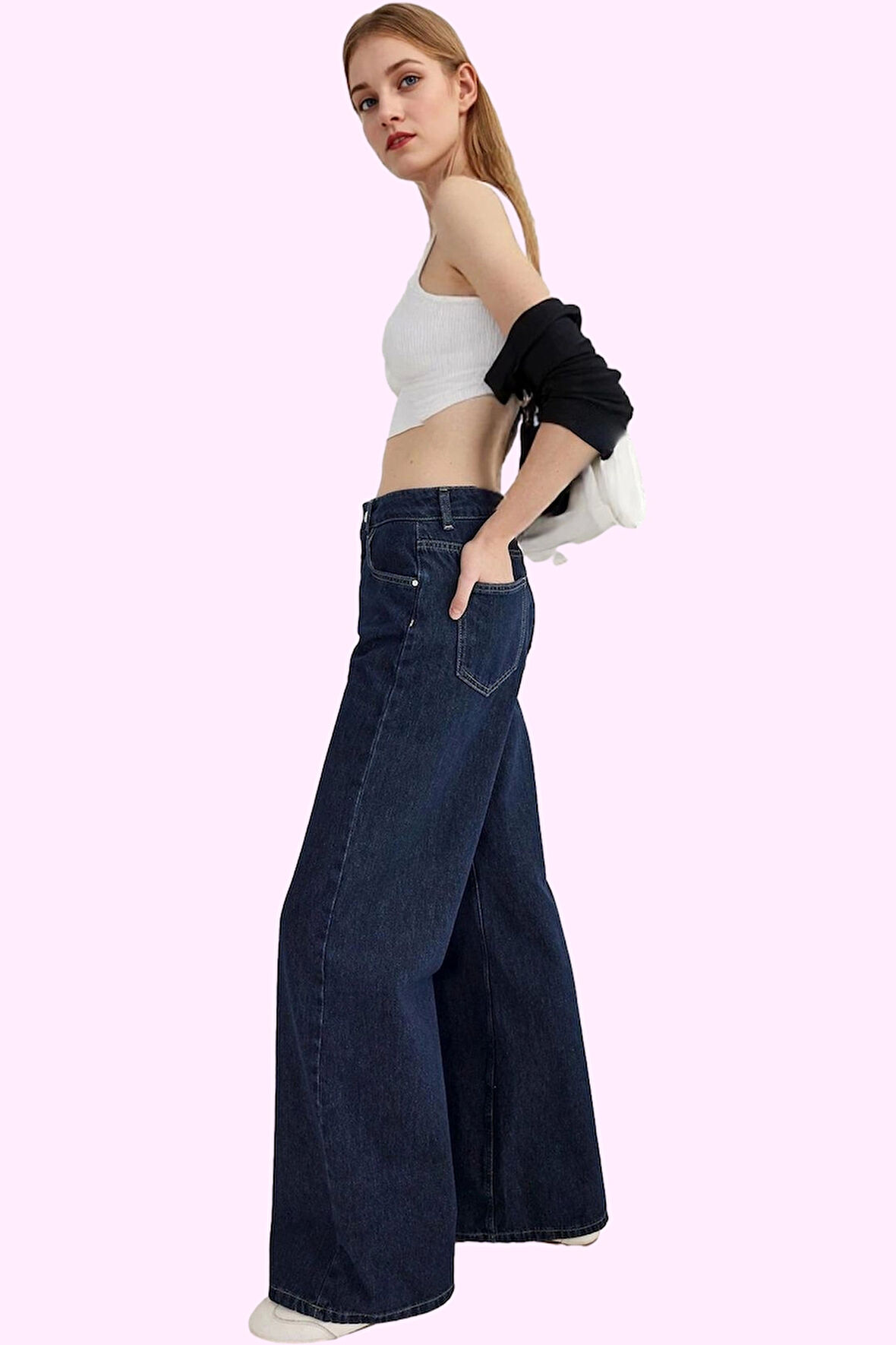 Kadın Günlük Kullanım için Pamuklu Wide Leg Jean Pantolon Hafta Sonu Yaz Aylarının Vazgeçilmezi