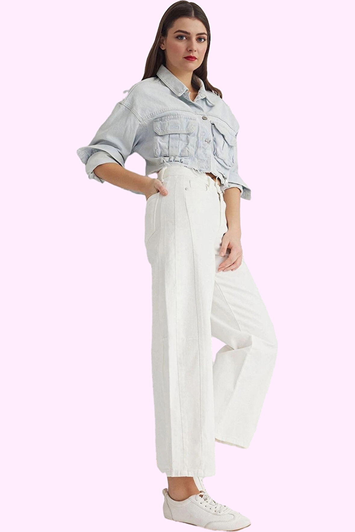 Kadın Pamuk Denim Pantolon Dikiş Detaylı Yüksek Bel Geniş Paça Yaz Günlük Kullanım Hafta Sonu