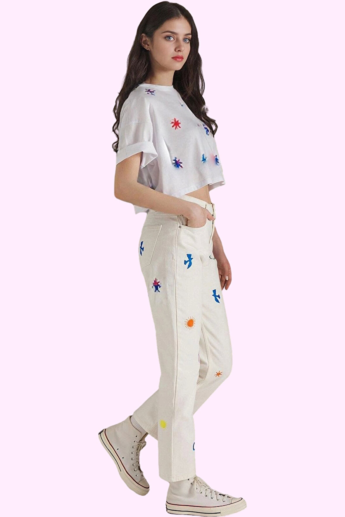 Kadın Denim Pantolon Renk Pamuk Yüksek Bel Straight Kesim Yaz Günlük Kullanım Modern Tasarım