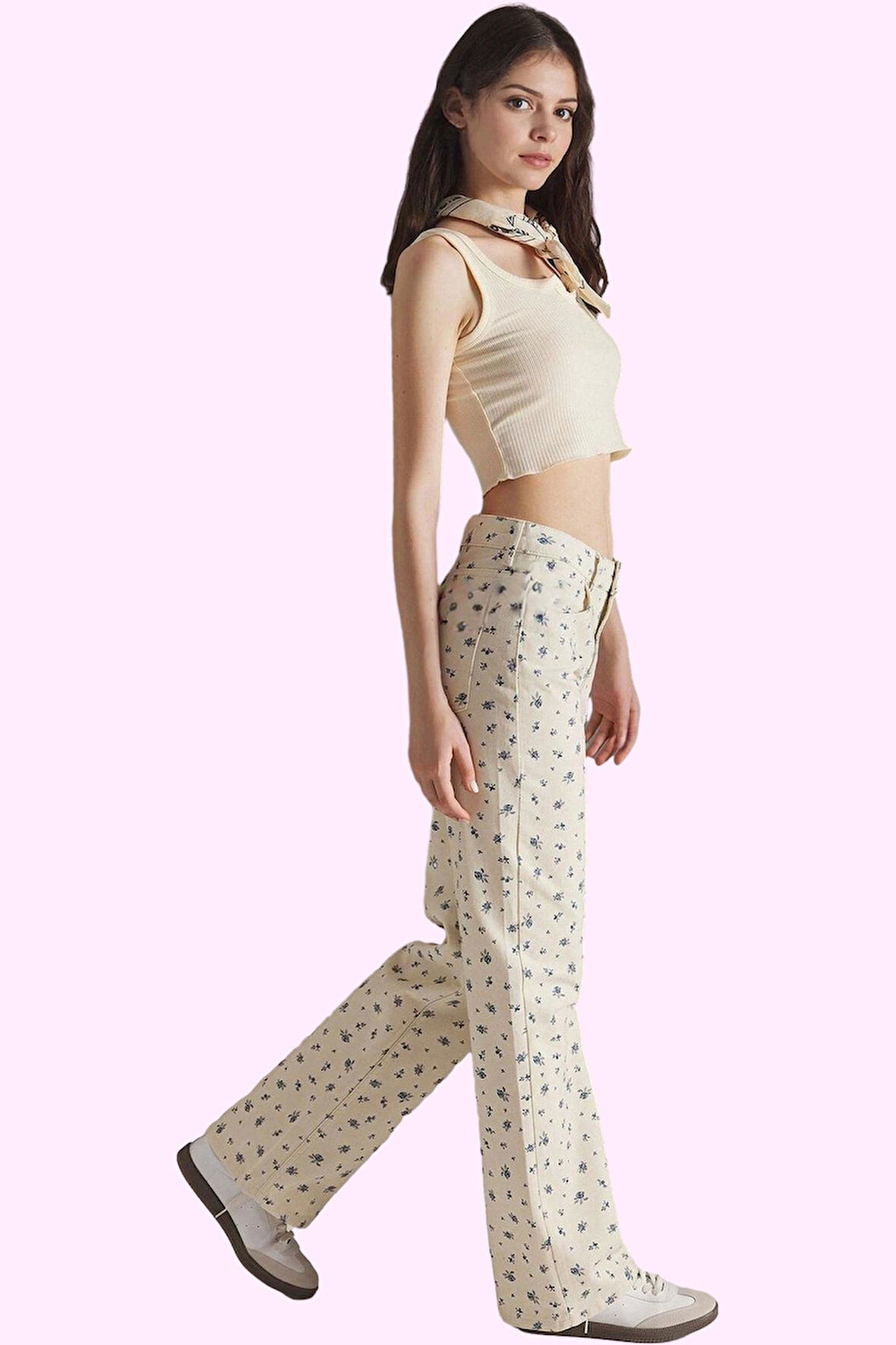 Kadın Yazlık Çiçek Baskılı Wide Leg Jean Pantolon Pamuk Rahat Kesim Yaz Aylarının Vazgeçilmezi