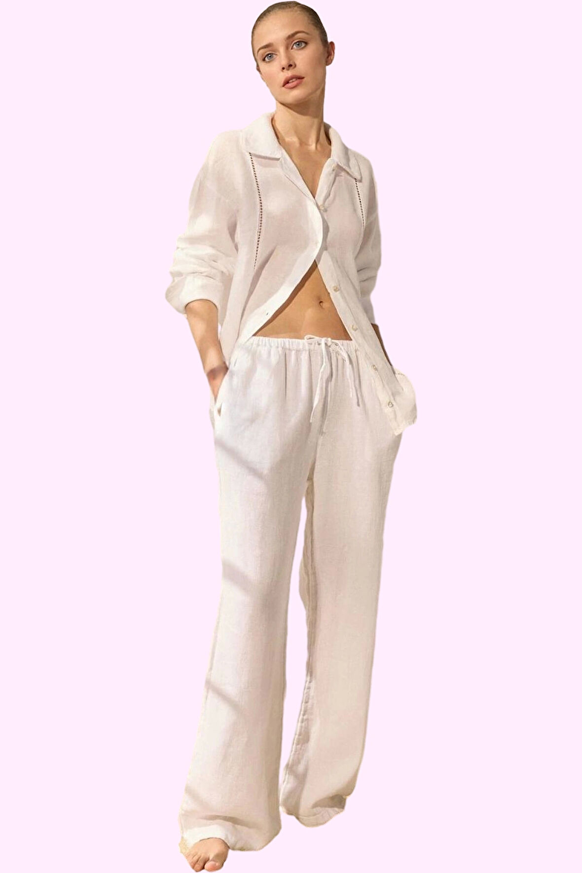 Kadın Keten Denim Kumaş Yüksek Bel Wide Leg Pantolon Uzun Boy Günlük Şıklık Modern Tasarım