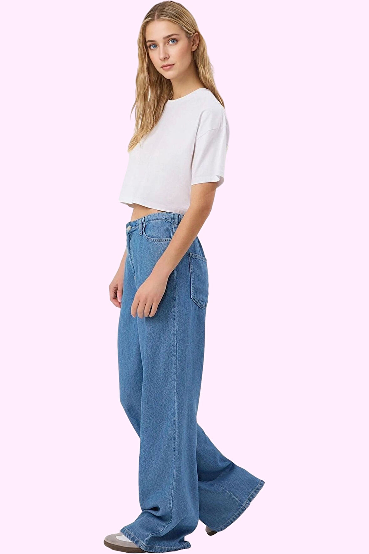 Kadın Düz Desenli Liyosel Denim Pantolon Yüksek Bel Geniş Paça Yaz Günlük Kullanım Hafta Sonu