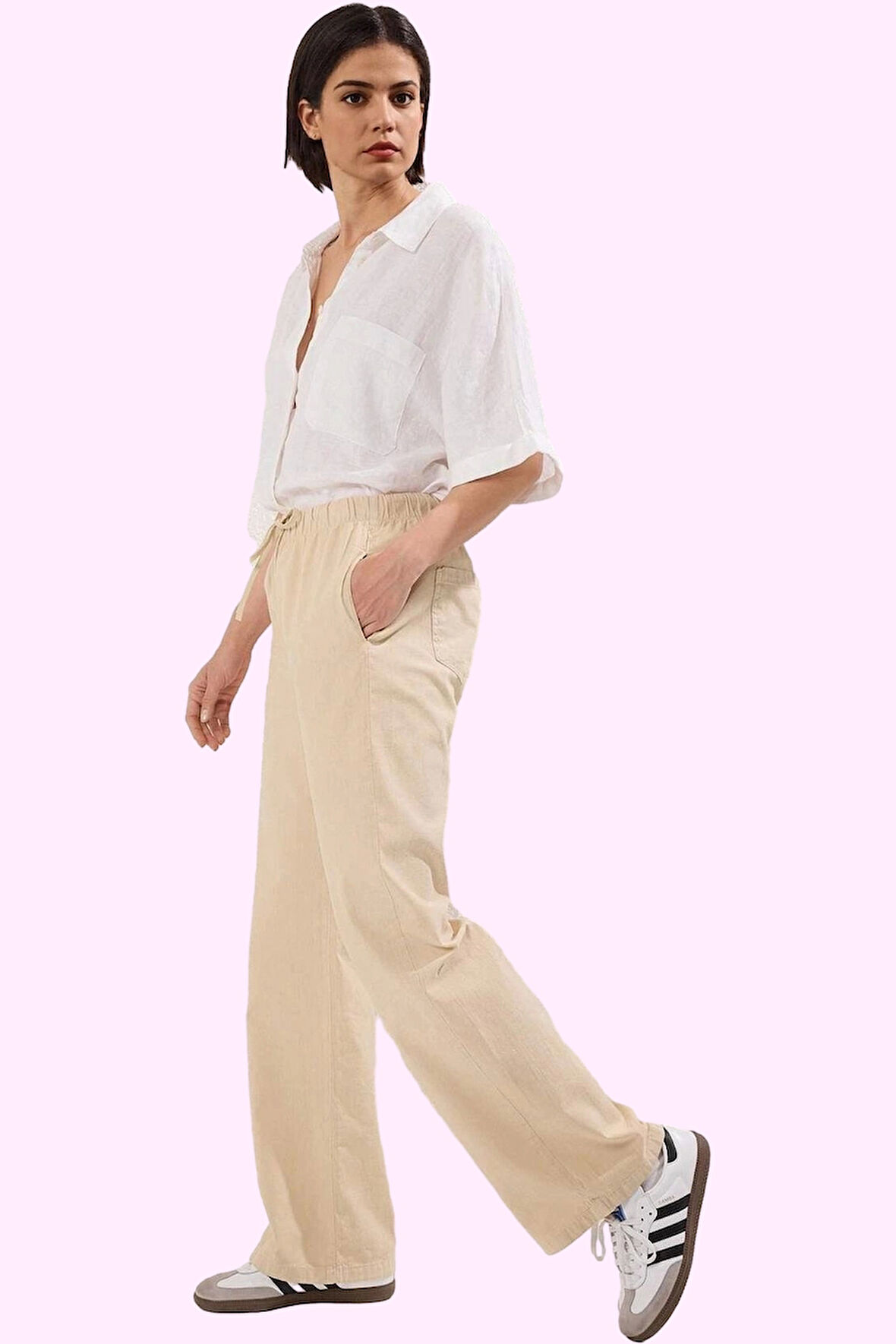 Kadın Pamuk Keten Yüksek Bel Pantolon Geniş Paça Yazlık Günlük Kullanım Yaz Aylarının Vazgeçilmezi