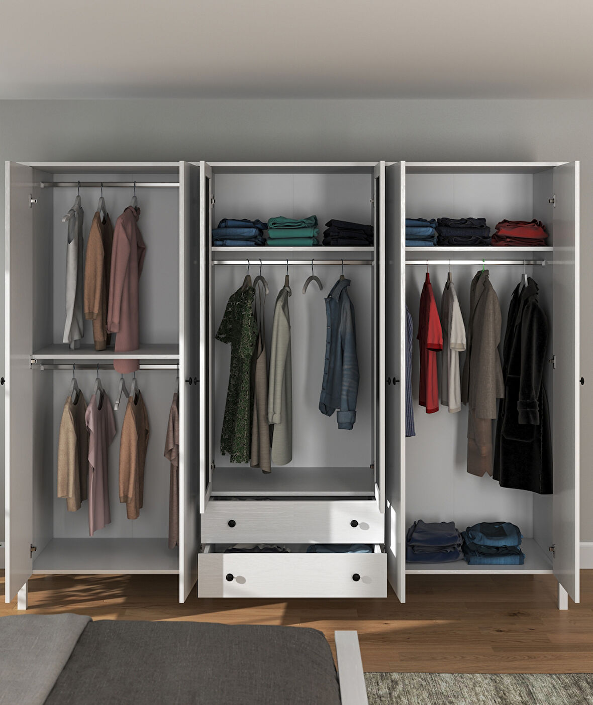 Hunerika Okka 6 kapak 2 çekmeceli Gardırop -Wood Beyaz-Minifiks Bağlantılı 