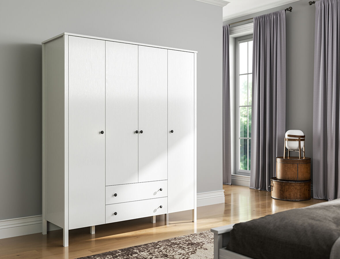 Hunerika Malen 4 Kapak 2 çekmeceli Gardırop-Wood Beyaz-Minifiks Bağlantılı 