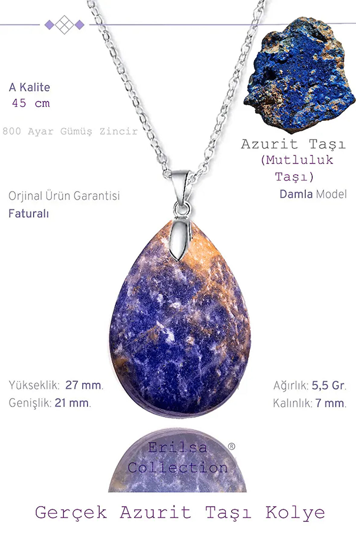 Sertifikalı Damla Model Azurit Taşı Kolye (GÜMÜŞ APARATLI)