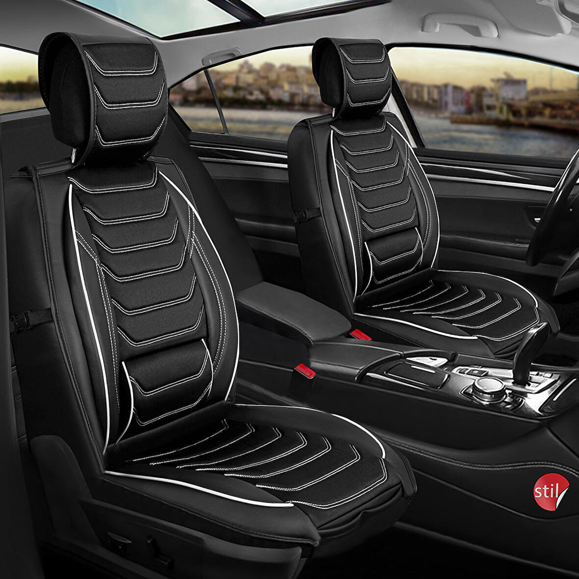 Porche Cayenne Uyumlu Lüx Deri Oto Koltuk Kılıfı Ön/Arka Set Antalya Serisi Siyah Beyaz 03-09