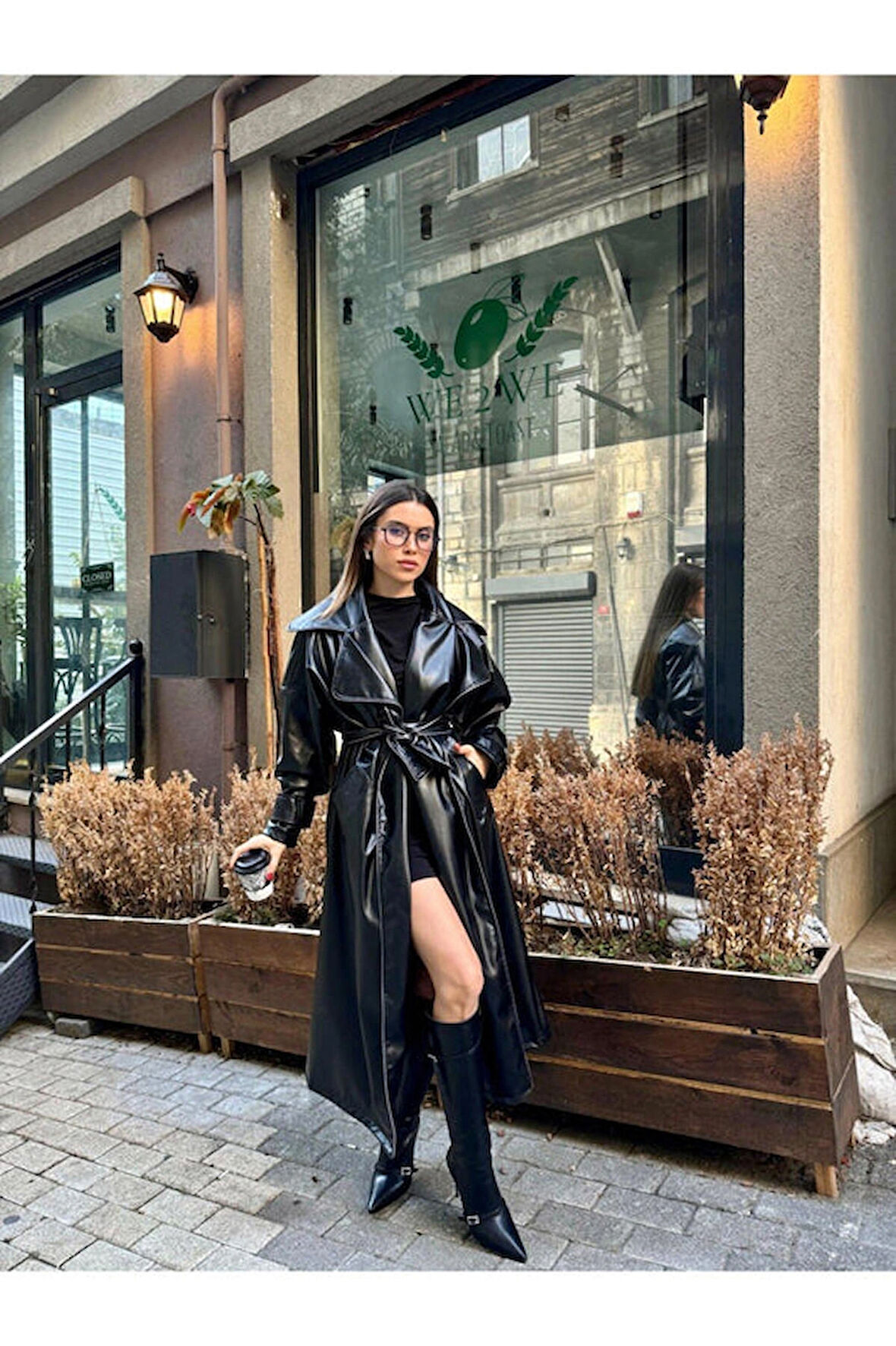 Kadın Siyah Deri Trençkot