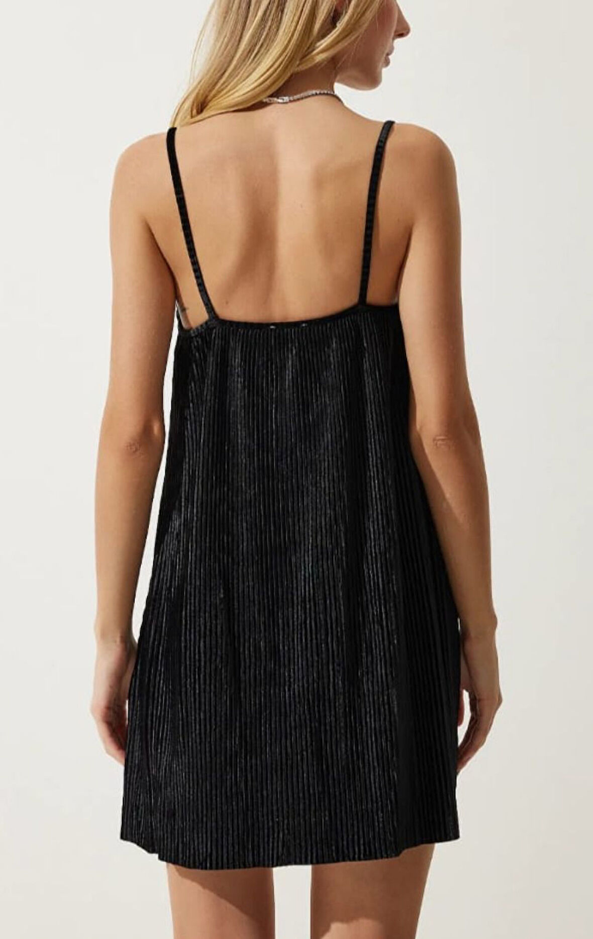 Kadın Fitilli Siyah  Kadife Mini Elbise