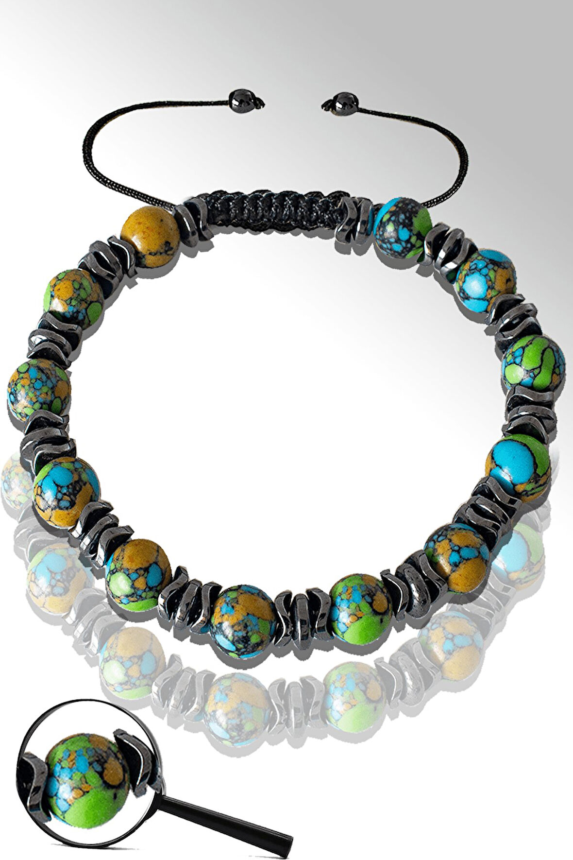 Sertifikalı Silver Hematitli Doğal Arizona Firuze Taşı Bileklik - Ayarlamalı