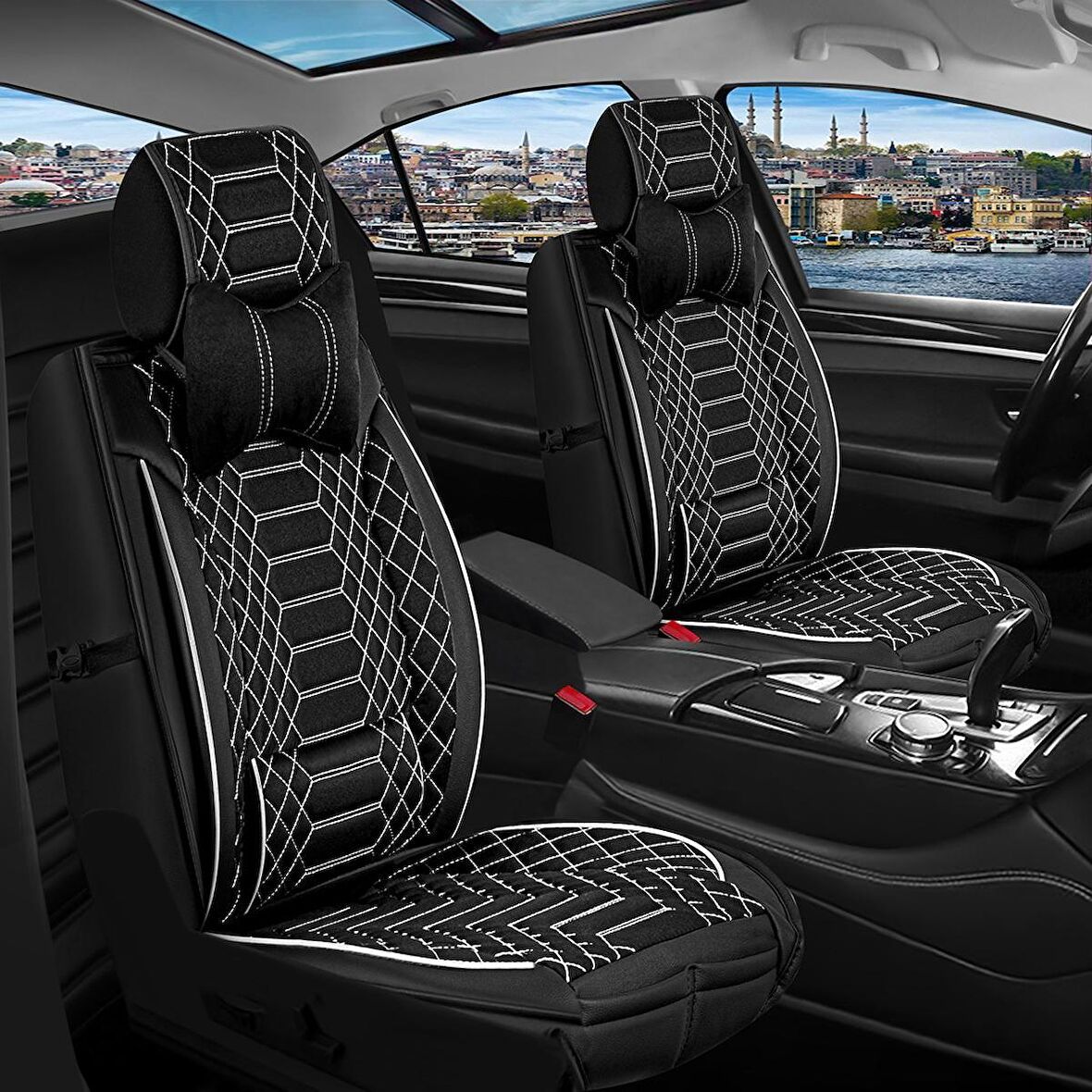 
Fiat Linea Uyumlu Lüx Deri Oto Koltuk Kılıfı Ön Arka Set Siyah Beyaz Royal Model