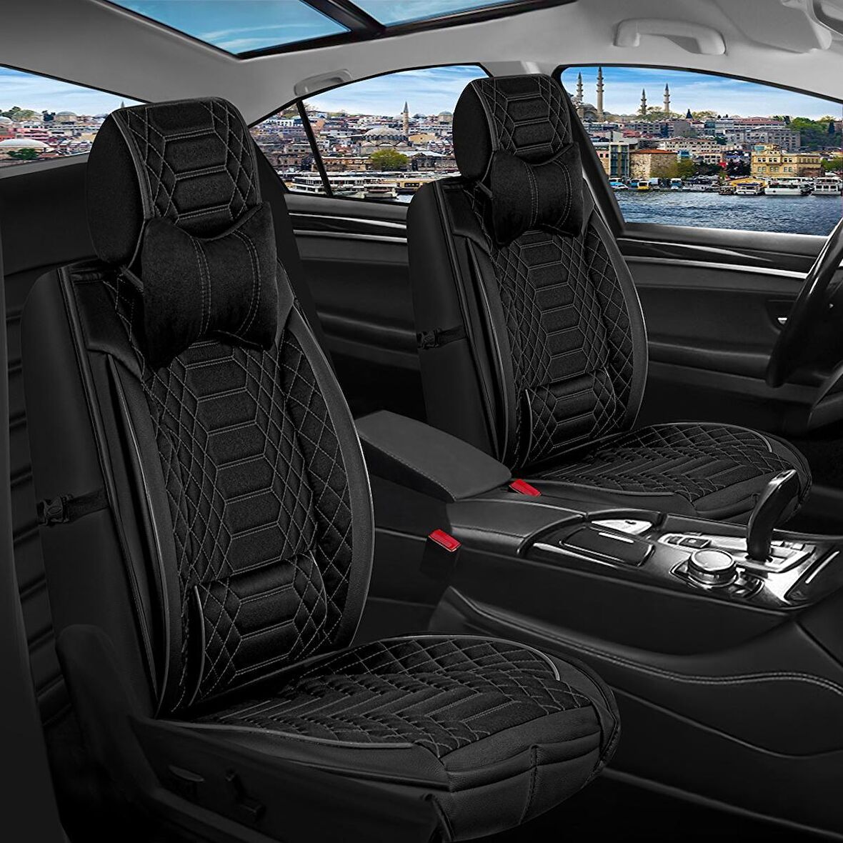 Audi A7 Serisi Uyumlu Lüx Deri Oto Koltuk Kılıfı Ön Arka Set Siyah Royal Model