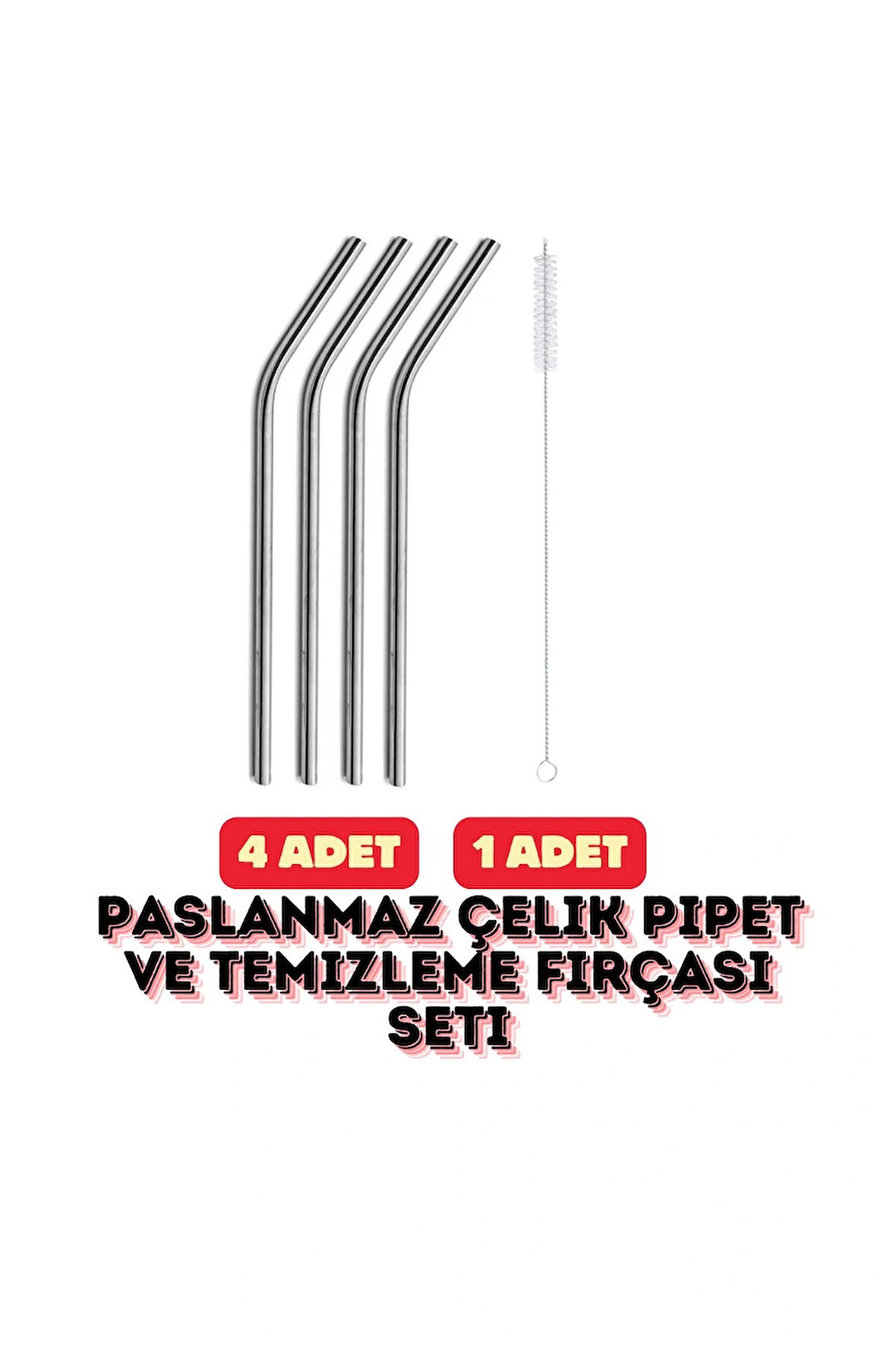 Sürdürülebilir Paslanmaz Çelik Pipet ve Temizleme Fırçası Seti 5 Parça