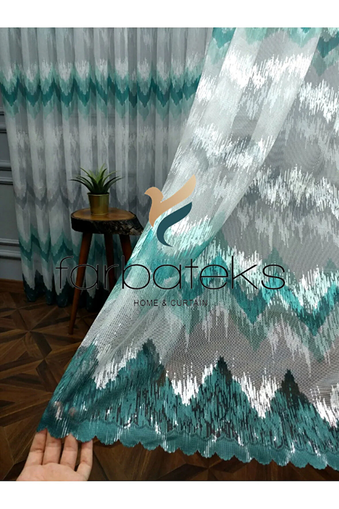 Harmony Zikzak Desen Turkuaz Açık Koyu Yeşil Petro Renkli Tasarım 2Kat Pileli Tül Perde