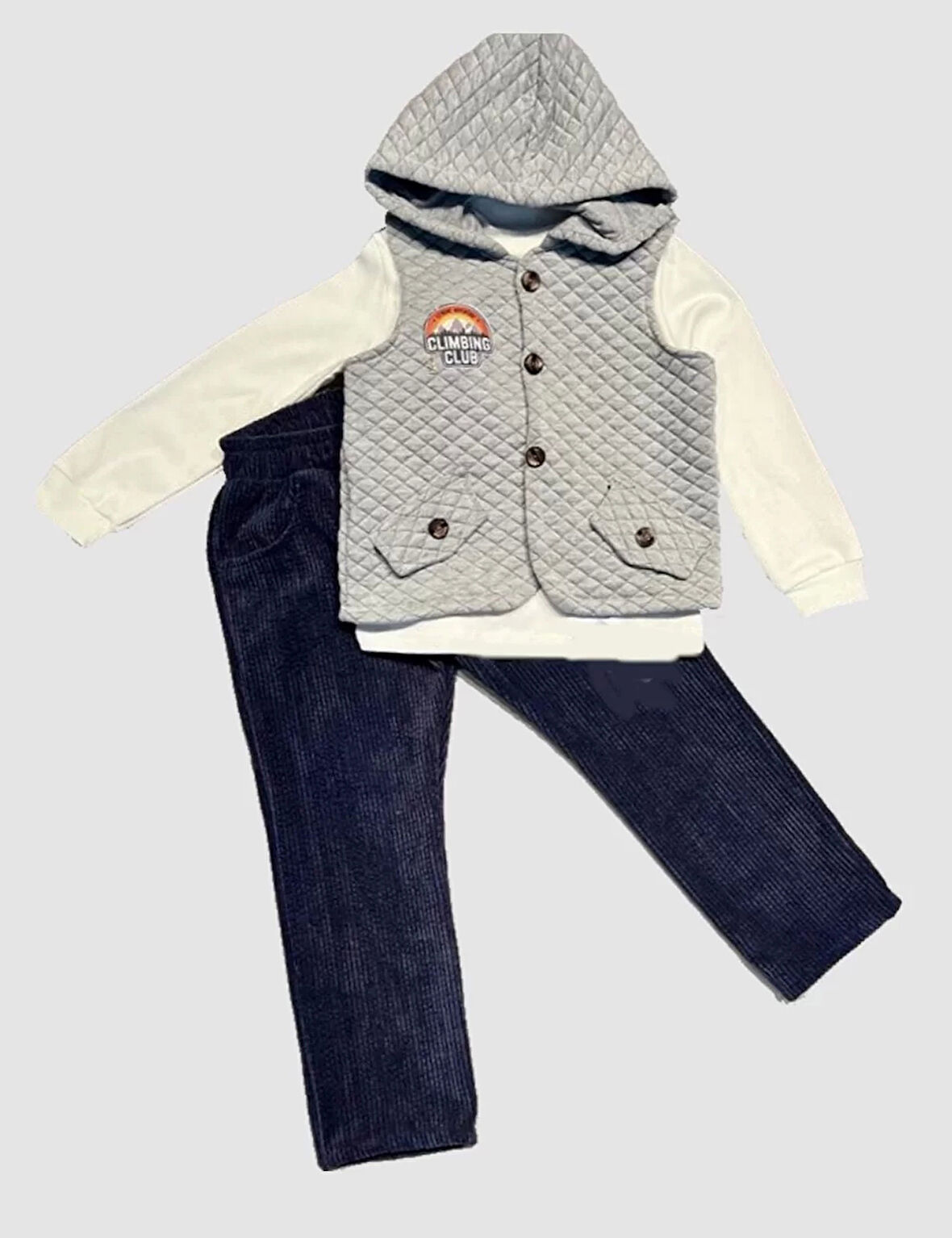 3-4-5 Yaş Fitilli Kadife Pantolon Kapitone Kapşonlu Yelek Uzun Kollu Sweat 3lü Erkek Çocuk Takımı Gri