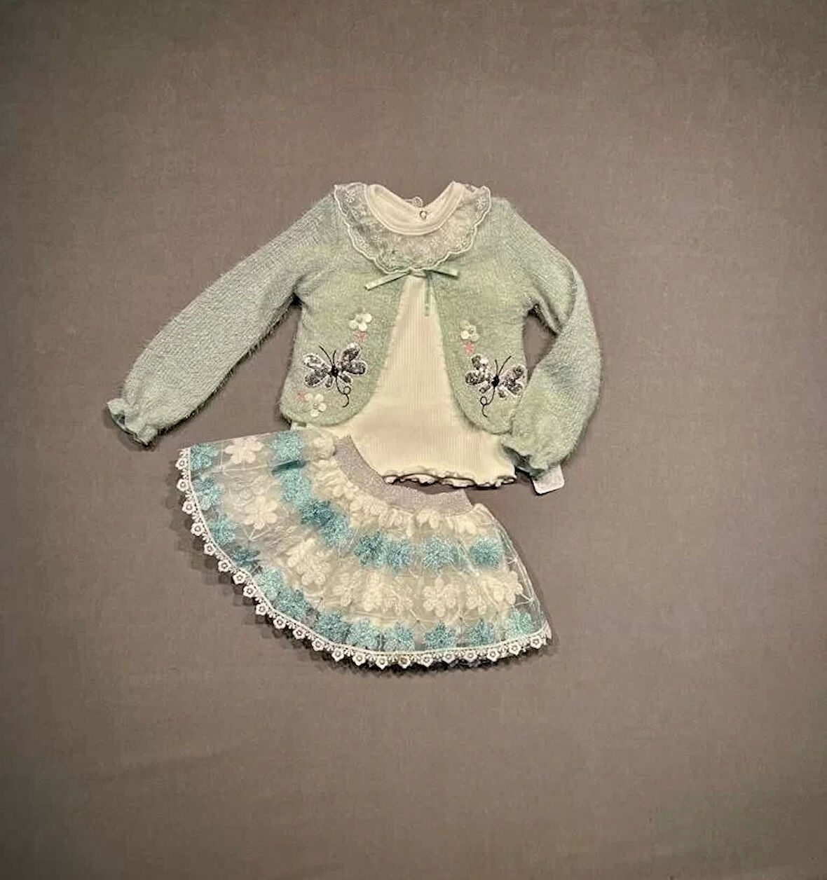 1-2-3 Yaş Brode Etekli Örme Hırkalı Uzun Kollu Sweat 3lü Kız Çocuk Takımı Su Yeşili