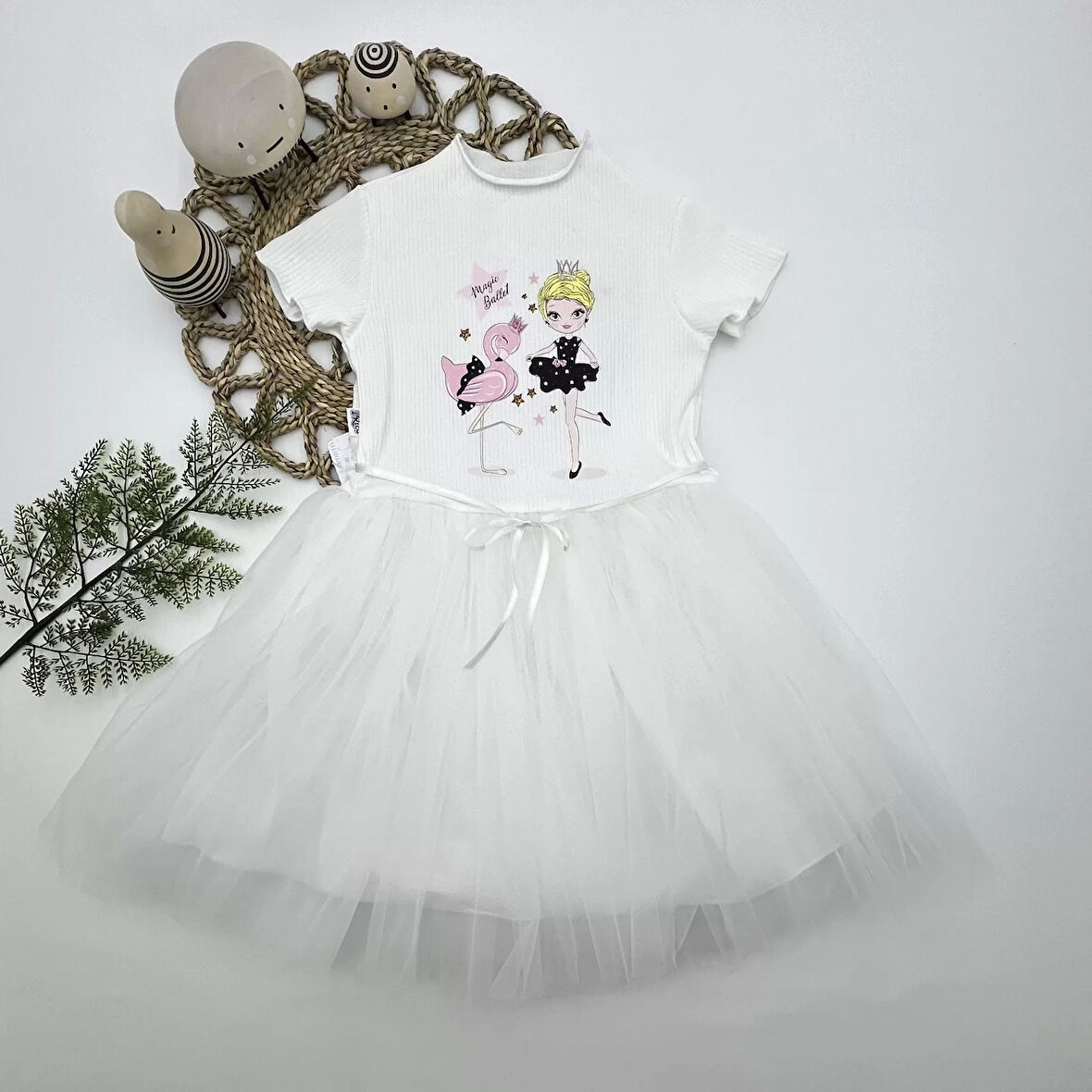 5-6-7 Yaş Flamingo Balerin Kız Baskılı Kurdela Kuşaklı Astarlı Kız Çocuk Tütü Elbise Beyaz