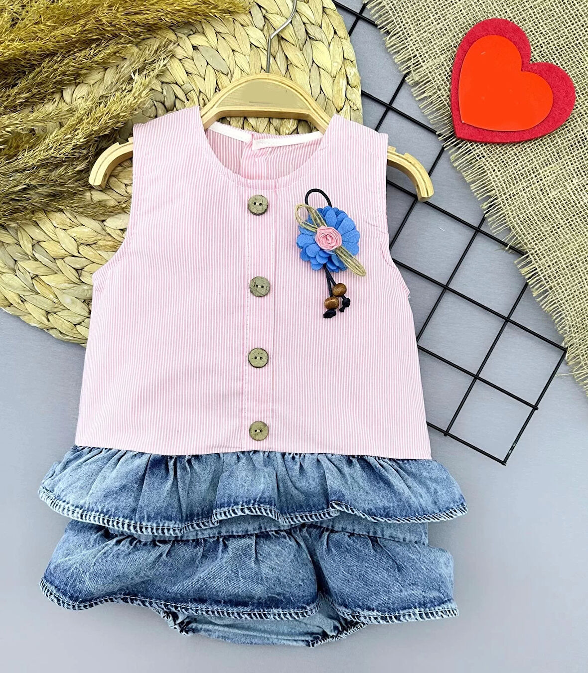 6-9-12-18 Ay Gül Rozet Detaylı Kot Kilotlu Etek Kız Bebek Elbisesi Pembe