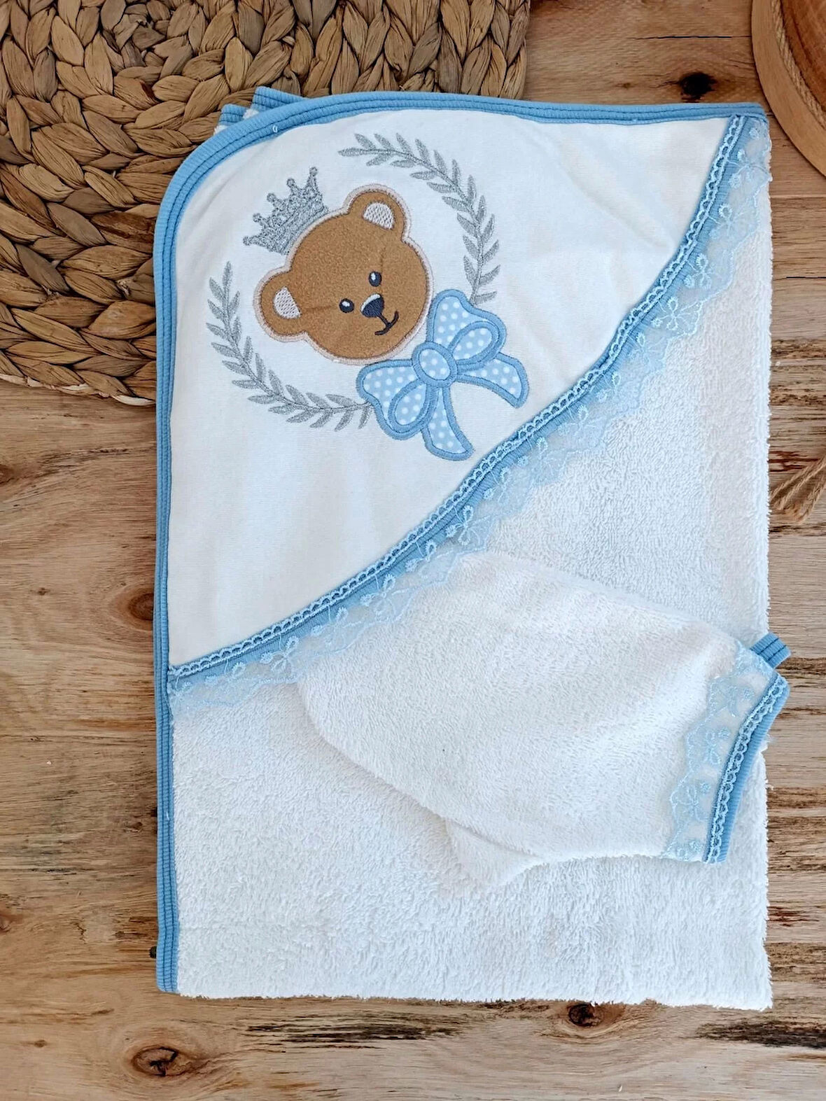 0-1 Yaş Bear Nakışlı El Keseli 2li Erkek Bebek Havlu Takımı Mavi