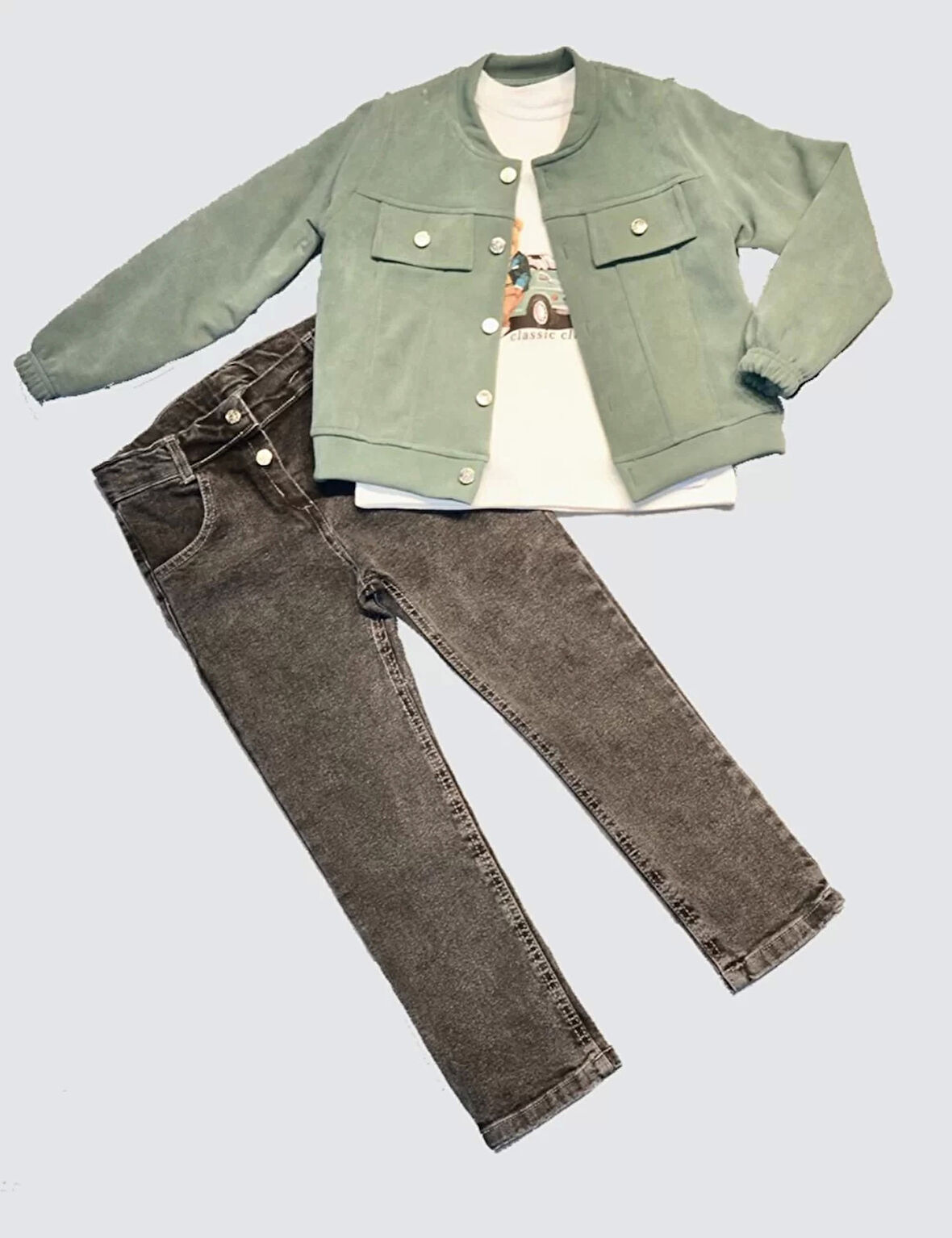 4-5-6 Yaş Kot Pantolonlu Nubukceketli Uzun Kollu Penye Sweat 3lü Erkek Çocuk Takımı Yeşil