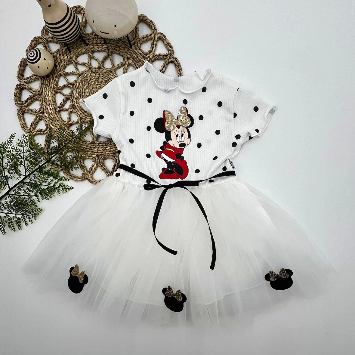 2-3-4 Yaş Puantiyeli Mickey Baskılı Kurdela Kuşaklı Astarlı Kız Bebek Tütü Elbisesi Beyaz