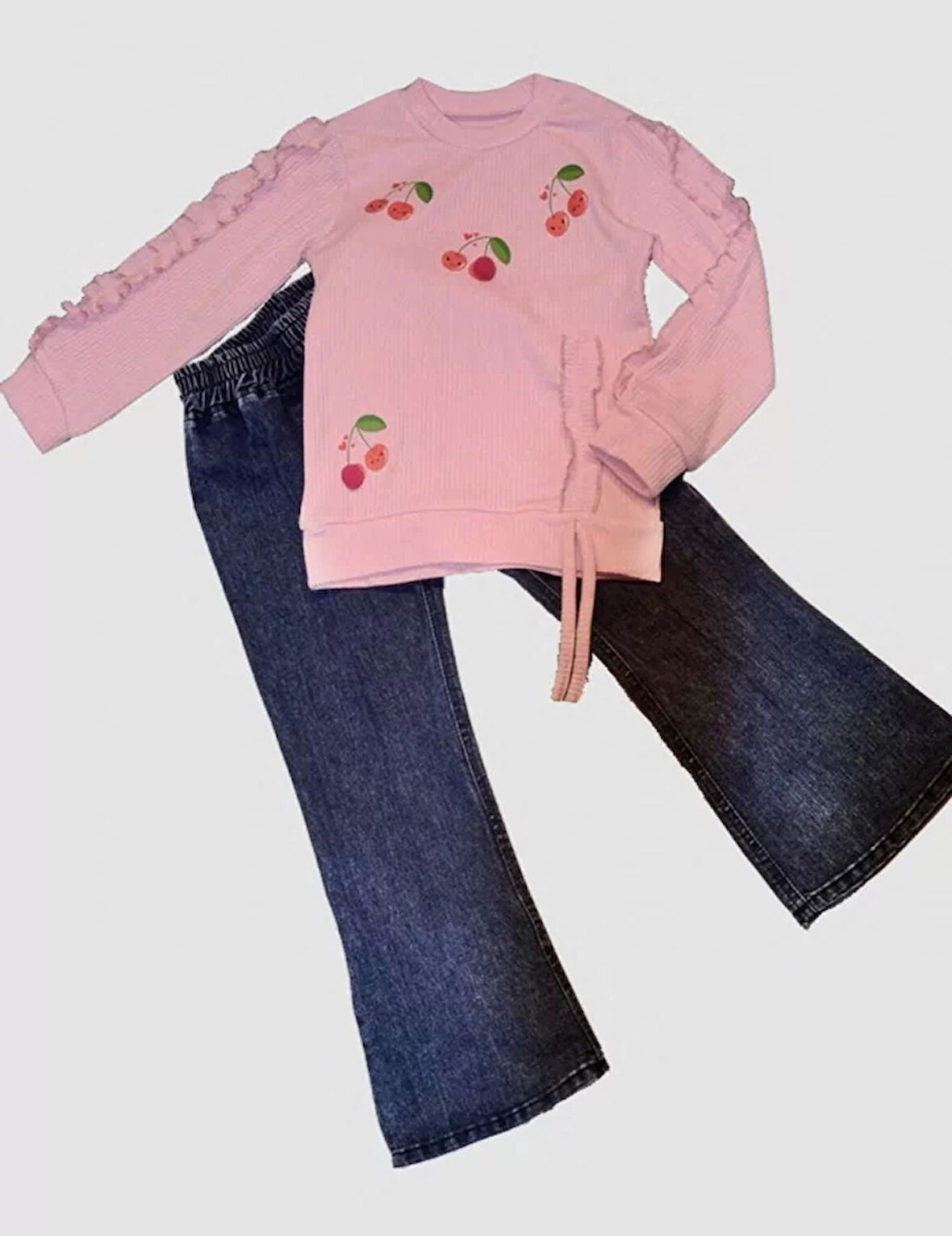 4-5-6 Yaş Kot Pantolonlu Kiraz Desenli Penye Sweat Uzun Kollu 2li Kız Çocuk Takımı Pembe