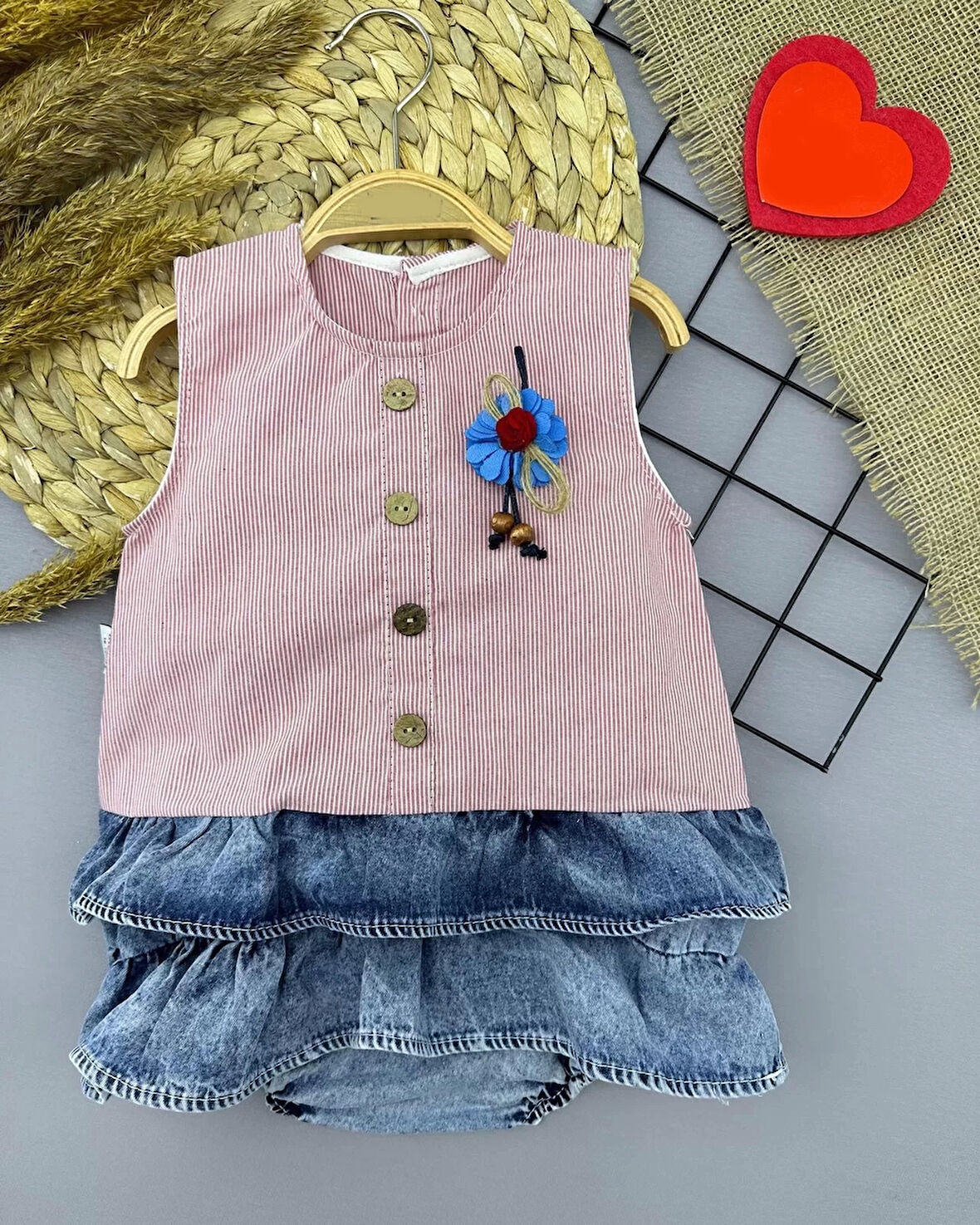 6-9-12-18 Ay Gül Rozet Detaylı Kot Kilotlu Etek Kız Bebek Elbisesi Gül Kurusu