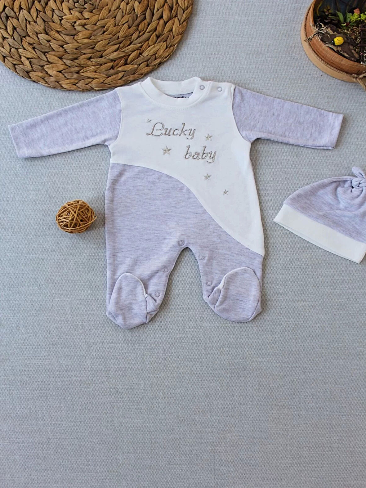 0-3 3-6 Ay Lucky Baby Nakışlı Es Çizgi Boy Şapkalı Erkek Bebek Tulumu Kahvemelanj