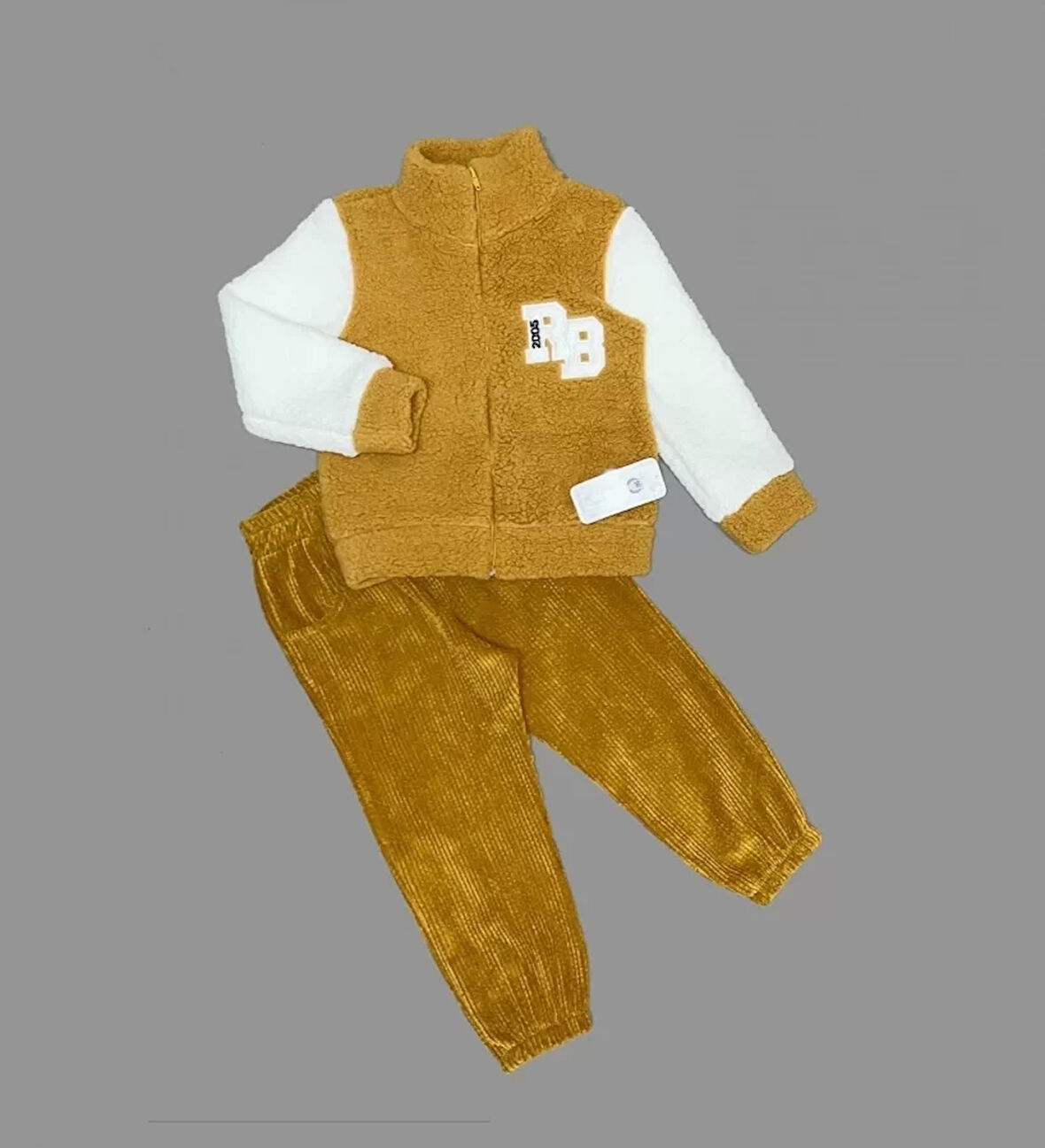 1-2-3 Yaş Kuzu Kumaş Fermuarlı Sweat Kadife Pantolonlu Uzun Kollu Kız Erkek Çocuk 2li Takım Hardal