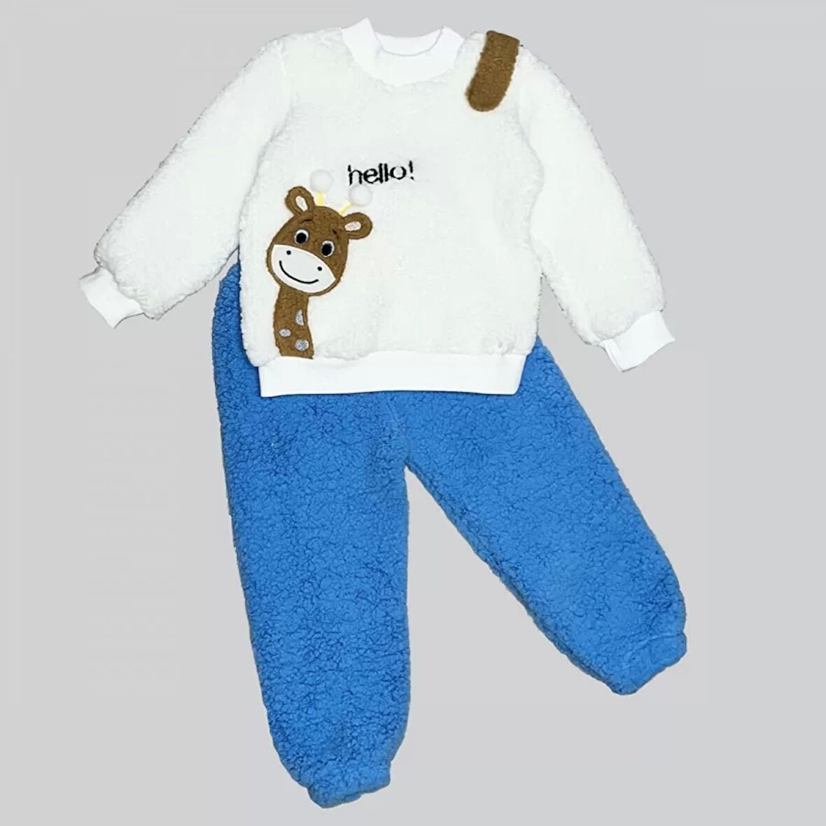 1-2-3 Yaş Hello Zürafa Nakışlı Kuzu Kumaş Sweat Pantolon Uzun Kollu Kız Erkek 2 Li Takımı Saks Mavisi