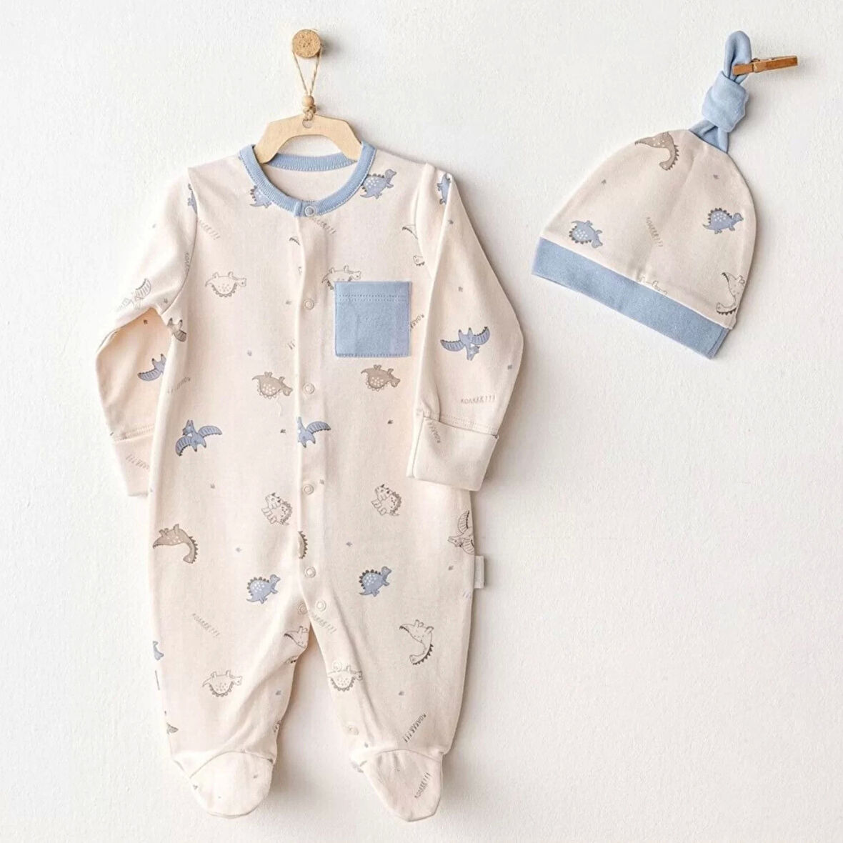 Andywawa Ac25919 Romper Hat Set Dino Bebek Tulum Takım Beige