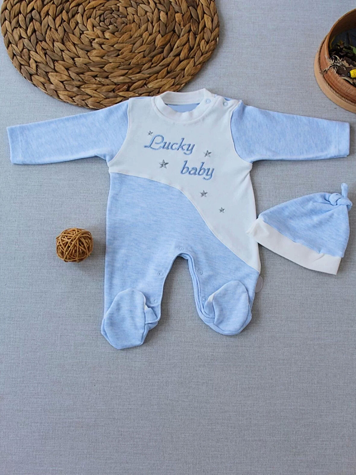 0-3 3-6 Ay Lucky Baby Nakışlı Es Çizgi Boy Şapkalı Erkek Bebek Tulumu Mavi