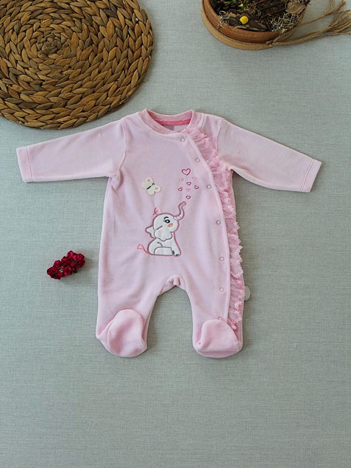 3-6 6-9 9-12 Ay Romantik Fil Nakışlı Pembe Süslü Kız Bebek Tulumu Pembe